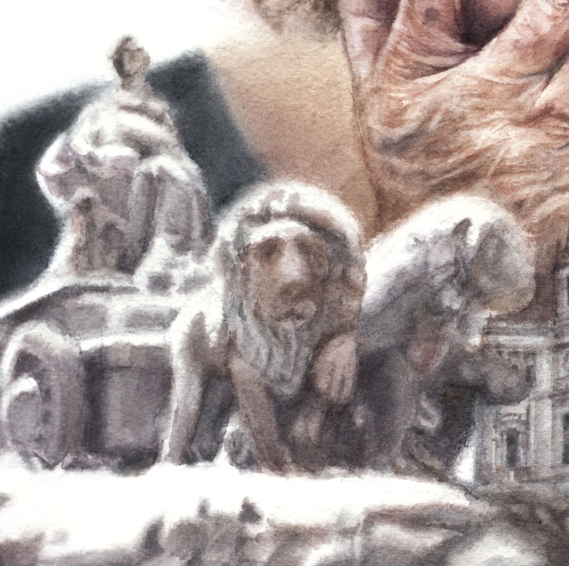 Detalle de la estatua de la Cibeles, icono de Madrid, trabajada a trazos húmedos para conseguir efecto desenfocado.