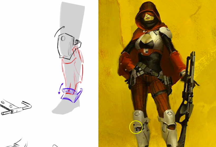 Vemos las tres partes en que se divide la armadura de la pierna, facilitando su movilidad