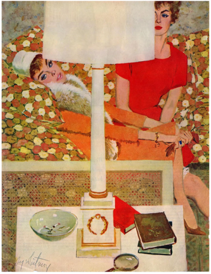 Enmarcada por la mesa, la lámpara y el sofá, la cara de la mujer tumbada es el foco  
