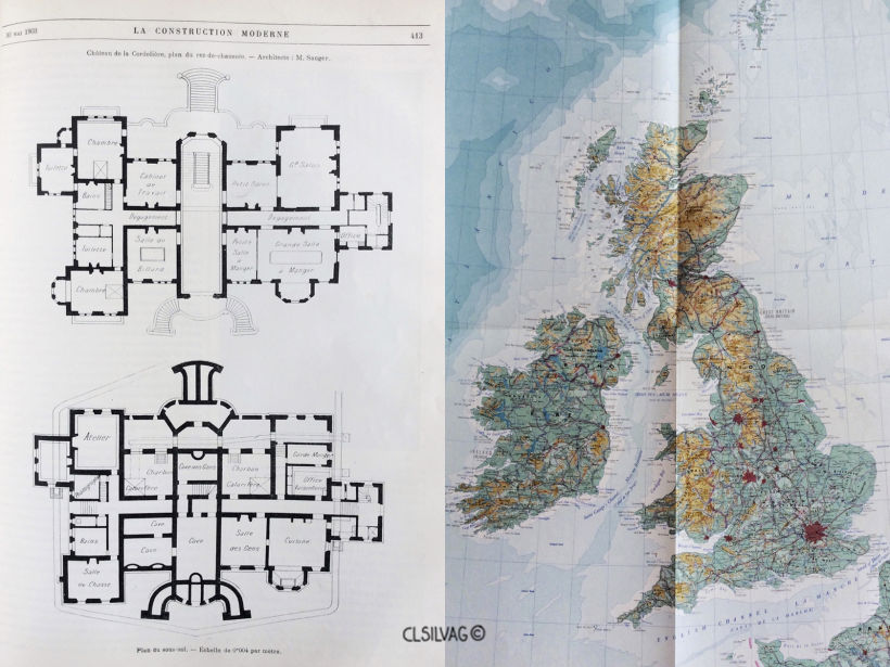 Lado izq.: Plano del Castillo Cordelière, Arquitecto: M. Sauger - Lado der.: Mapa de Reino Unido