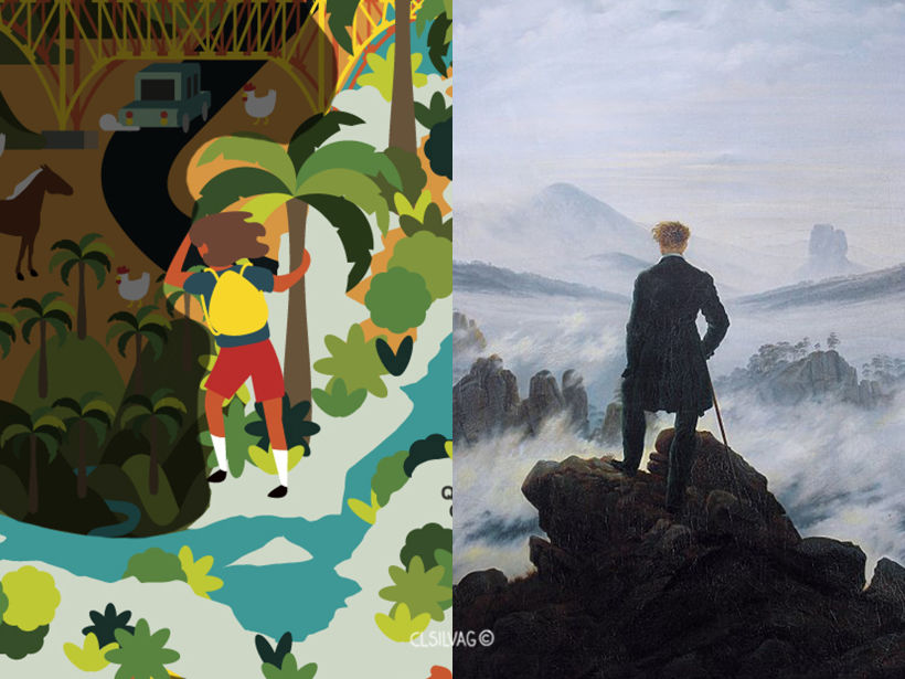 Lado izq.: Personaje contemplando - Lado der.: Pintura “El caminante sobre el mar de nubes” - Origen: Wikipedia