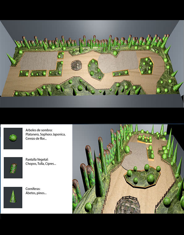 Representación de jardin partiendo de plano, visualización simbolica de la ubicación de cada planta para el diseño final.
