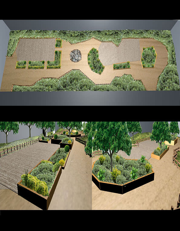 Plano cenital  de ubicacion de plantas y representación del diseño final. (Parque canino de Villena)