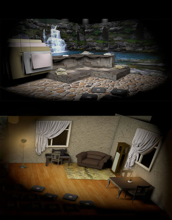 Diferencia de espacio exterior e interior dentro de la misma sala, para su uso simultaneo por los actores.