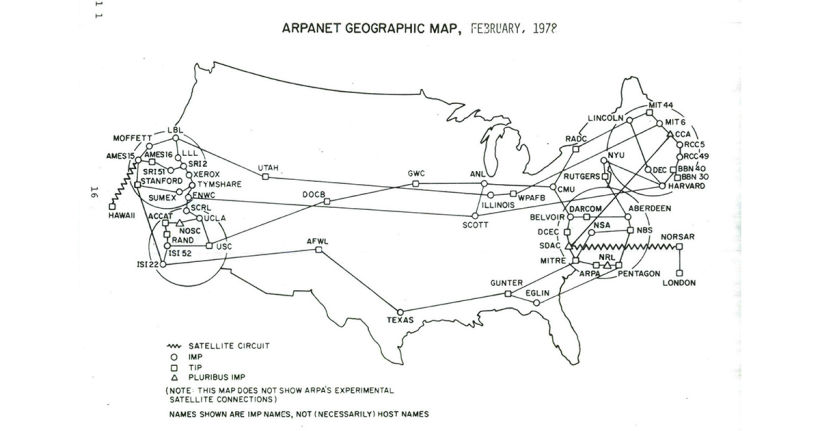 Mapa geográfico de EEUU, con todas las estaciones de ARPANET