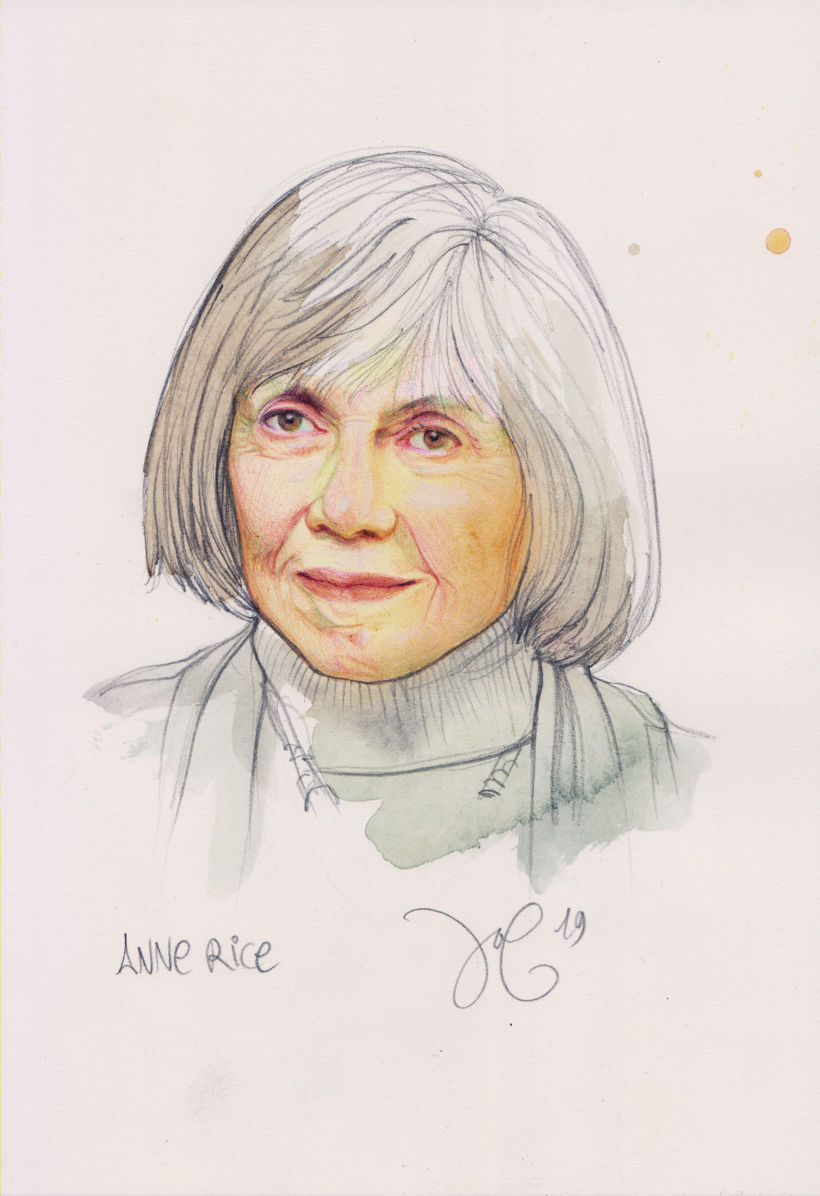 Anne Rice. Acuarela, bolígrafos y lápiz. 18 x 24.