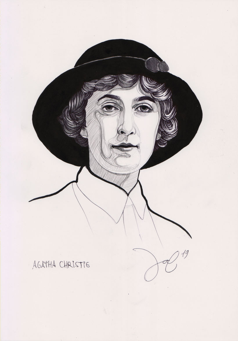 Agatha Christie. Tinta, bolígrafo y lápiz. Din A4.