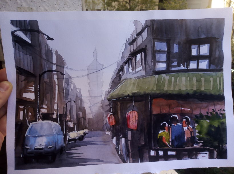My attempt to apply the techniques from the course into a painting. This is a street scene from Taipei, Taiwan. 