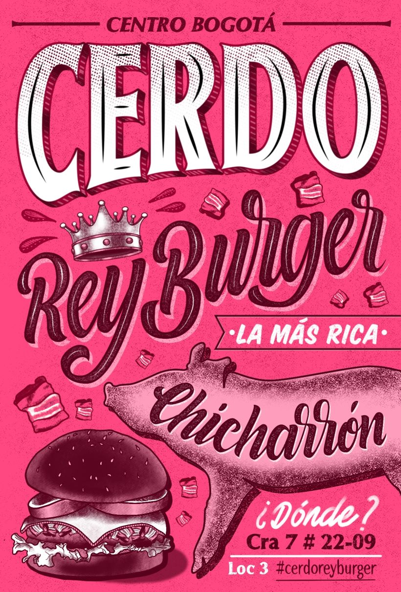 Diseño final, propuesta para el restaurante Cerdo Rey Burger de Bogotá, especializados es hacer hamburguesas de chicharrón.