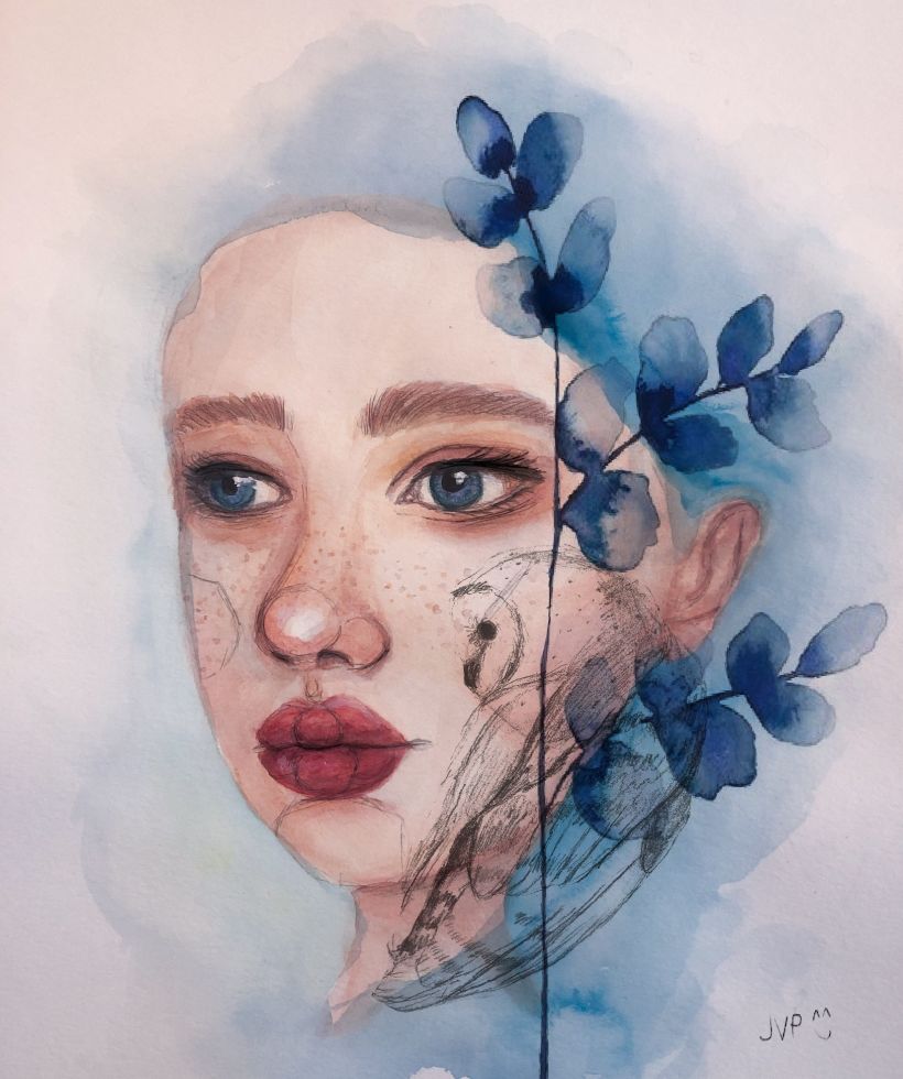 this is a combination analogue (watercolour + pencil) portrait and digital (flower)