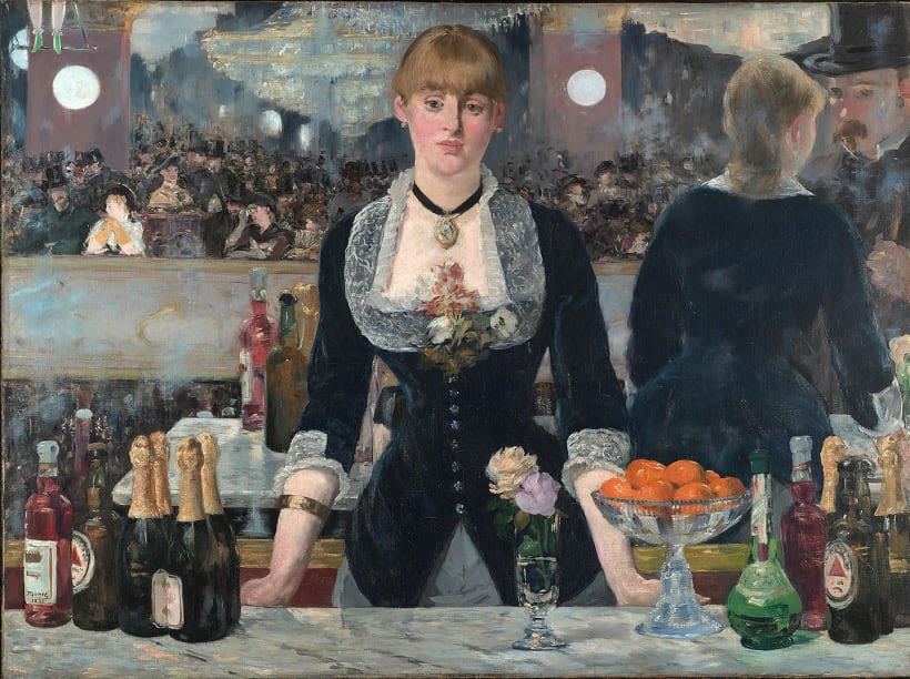 “A Bar at the Folies-Bergère” by Manet includes bottles of Bass in the bottom left and right corners
