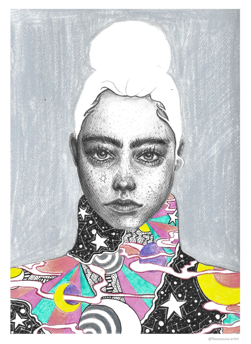 Traditional portrait illustration with graphite pencil, color pencil, pen and wax pencils.