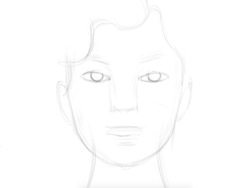 After having the large shape where I would like it, I begin filling in the smaller facial features. Line work only.