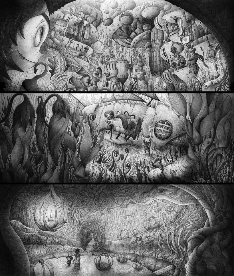 Pencil sketch concepts for Scarygirl city, forest and interior cave