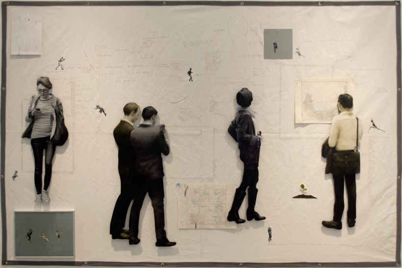 "Habitar el mundo" , óleo sobre siluetas acrílicas 5 mm, mapas y vidrio sobre soporte de genero . 2015